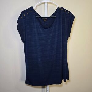 Susan Lawrence Womens Navy Blue Gold Button Cap Sleeve Top‎ sz L